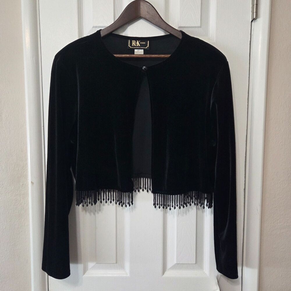 Vintage R&K Evening Black Velvet Beaded Fringe Cropped Jacket Size 16